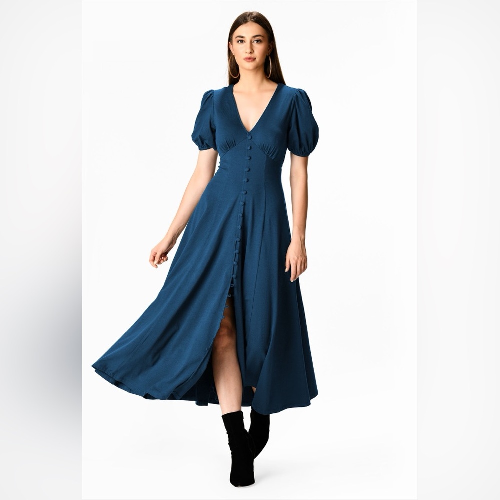 Self-Button Front Cotton Jersey Empire Dress